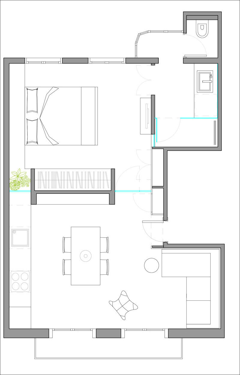 Here's a look at the floor plan of how a small modern apartment is laid out and how the spaces are all connected.