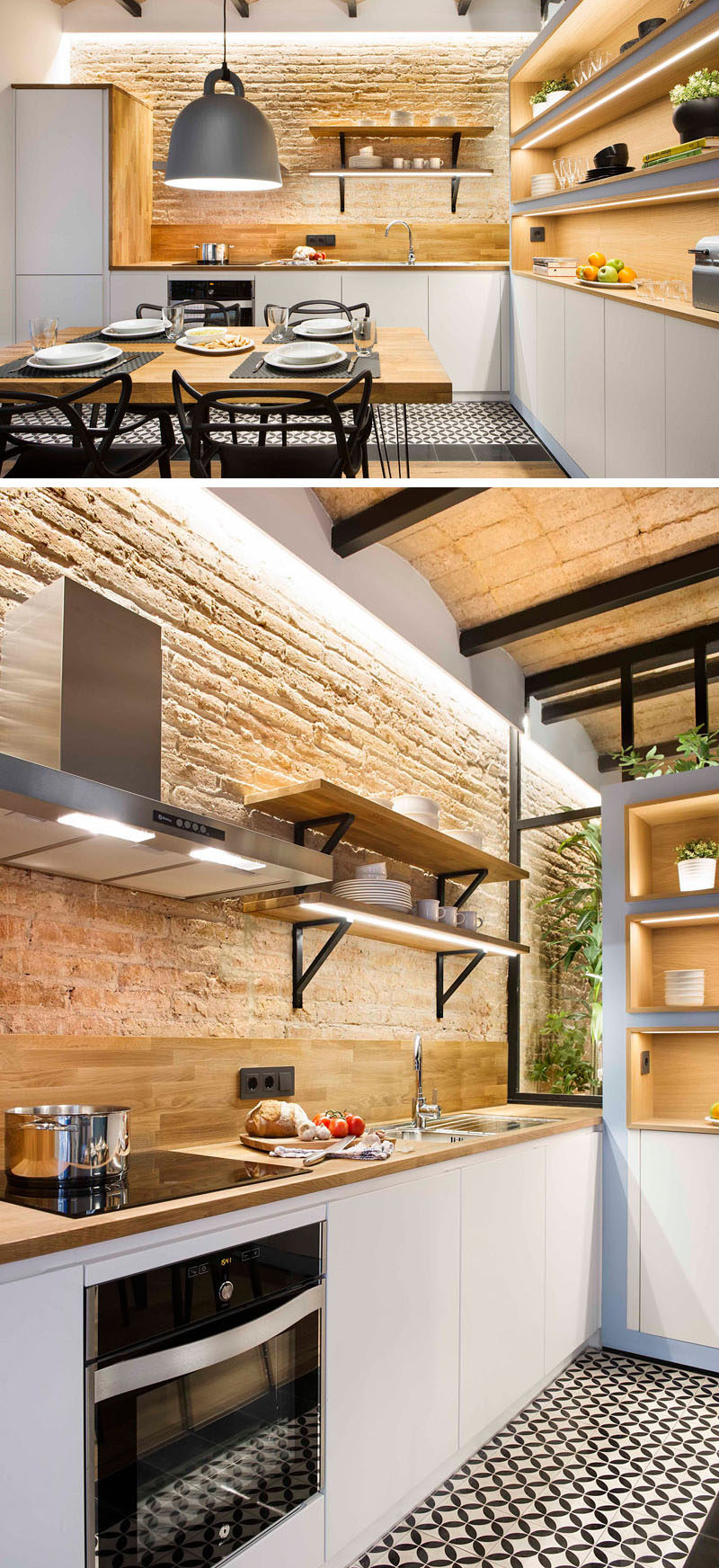 In this small modern kitchen, wood countertops and backsplash compliment the warm brick while white cabinets, stainless steel appliances, and open shelving with built in lighting help keep the space feeling bright. The combination of the new materials and the old exposed brick creates a modern feel mixed with a hint of rustic charm.