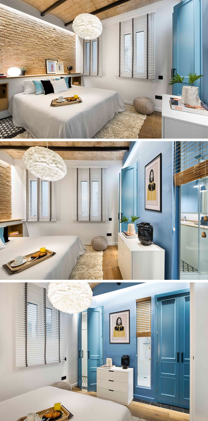 The calming palette in this modern bedroom features touches of blue to go along with the white, wood, and brick. A white pendant light above the bed brings in extra brightness and adds even more texture to the room. Blue doors and a narrow window connect the bedroom and allow the bathroom to as private or as public as you like.