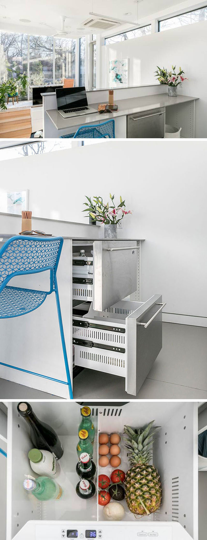 In this tiny home, the second counter space in the kitchen doubles as a desk/small work area and below the counter are fridge and freezer drawers. #TinyHouse #TinyHome #Architecture #SmallLiving #ModernTinyHouse #SmallHouse