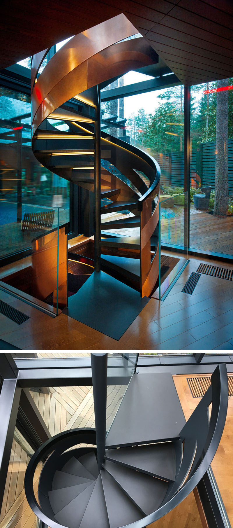 The three floors of this modern gym are connected by a spiral staircase that features handrails made from copper plates.