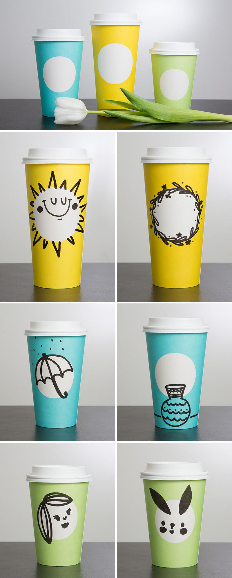 This spring, Starbucks will be unveiling their latest cup designs, a minimalist spring theme cup in pastel colors with a simple white circle so that you can draw your own design. Others will be the same new design but will come with hand-drawn designs on them already.