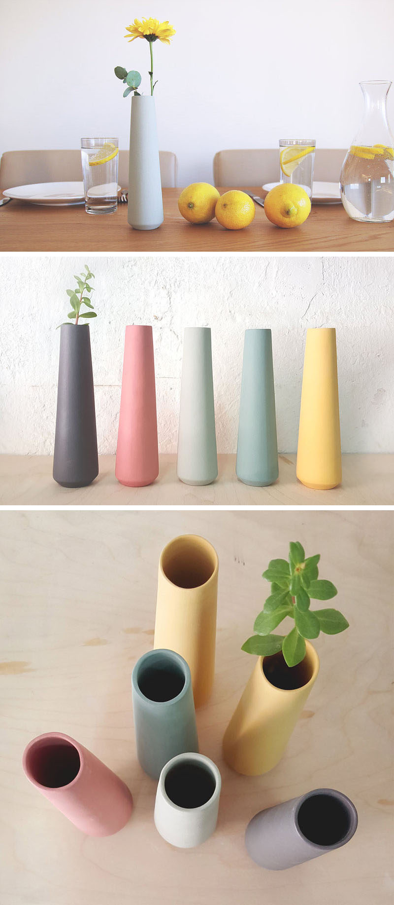 These tall, ceramic, single flower vases have a simple minimalist design, come in a range of pastel colors, and would suit any spring decor theme.