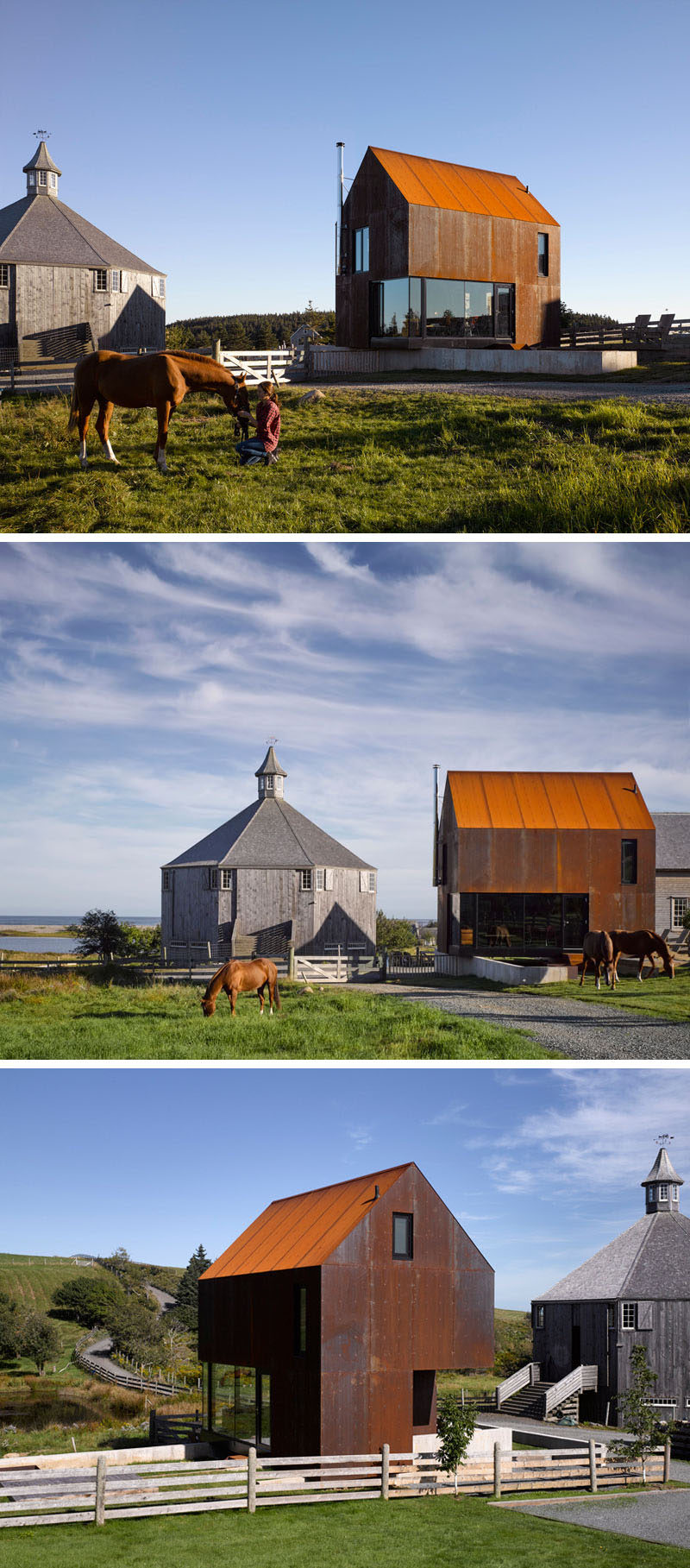 Weathering steel covering the exterior of this house gives it a modern look that contrasts the traditional octagonal barn beside it and helps it withstand the elements over the years.