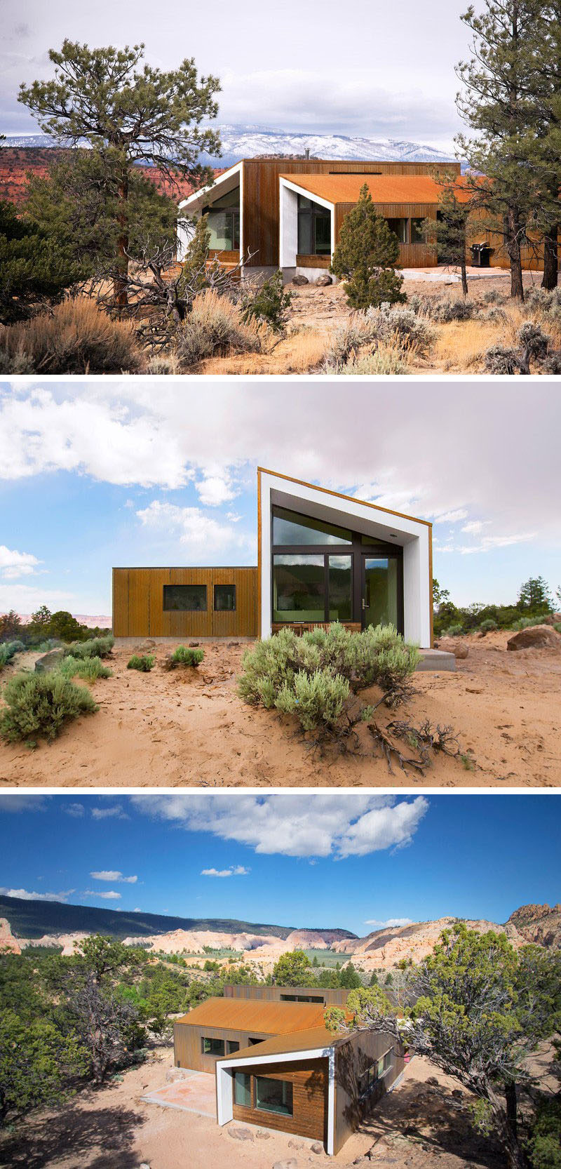 Three separate buildings, all covered in weathering steel, provide views of the rock formations in the desert and have a contemporary look to them thanks to the contrast created by the weathering steel and the white extended sections.