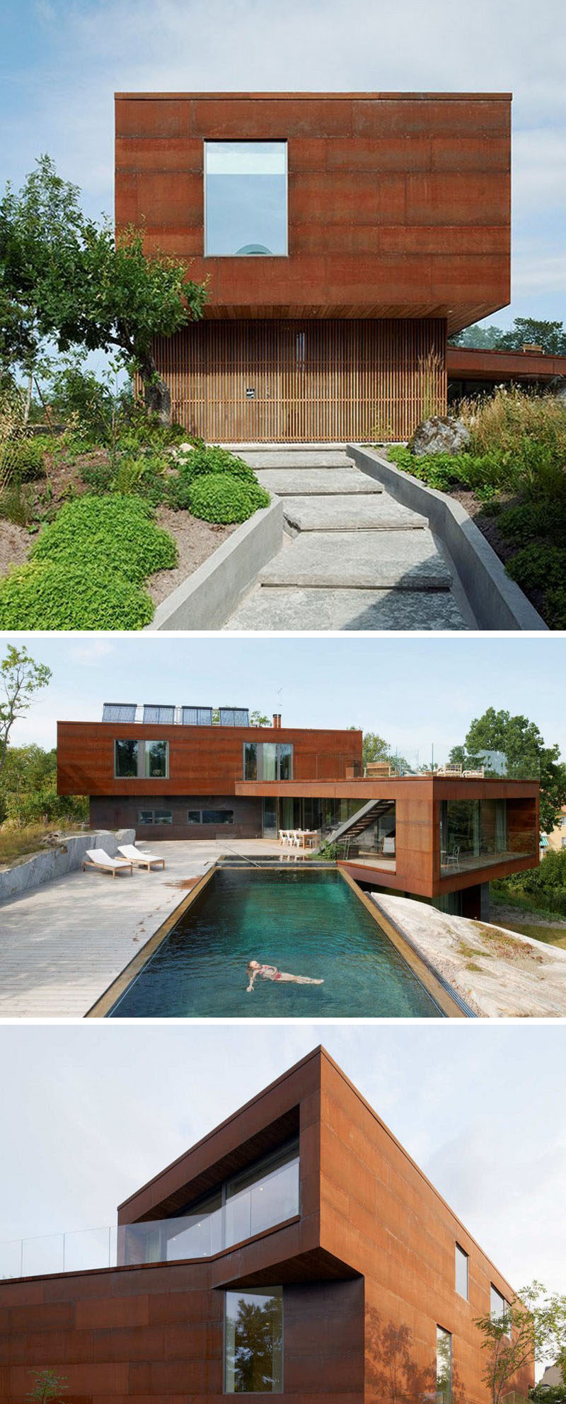 Large forms covered in weathering steel make up this modern villa and give it a low maintenance exterior that will change appearance over time.