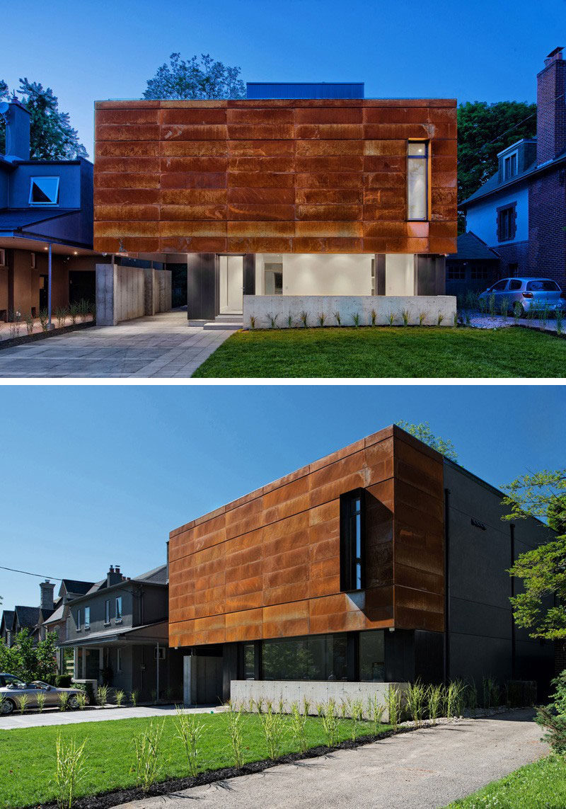 Weathering steel panels on this Canadian house give it a unique finish and adds texture to the exterior of the house.