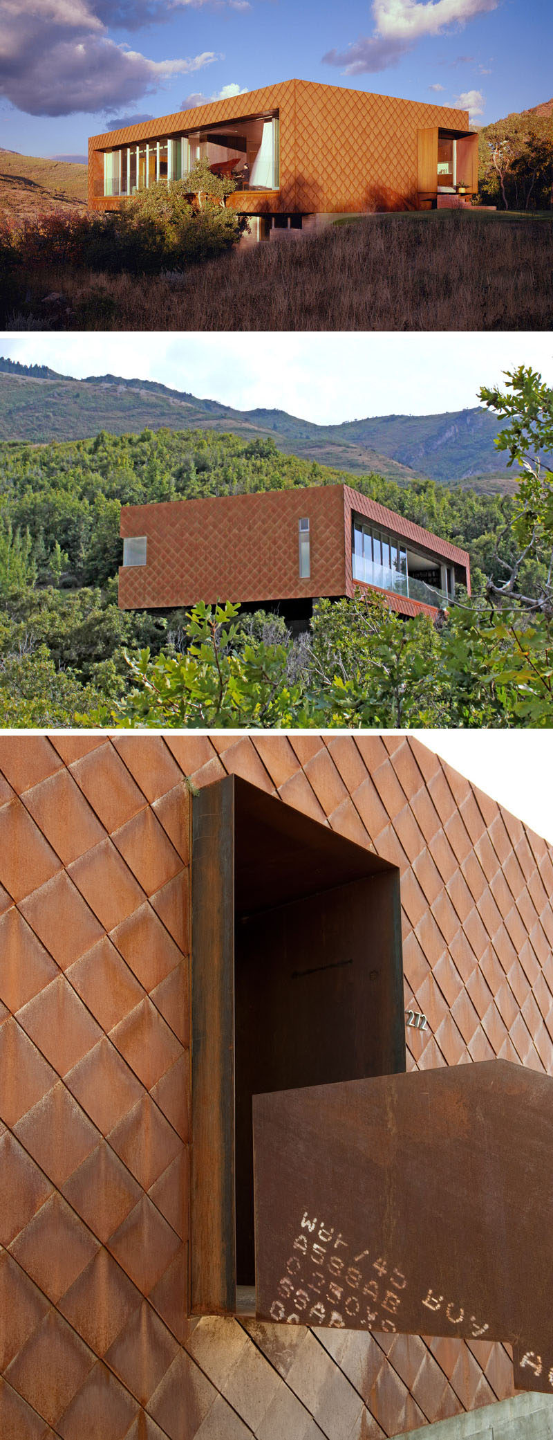 Weathering steel shingles on the exterior of this modern house it give it a textured look that resembles scales on a reptile.