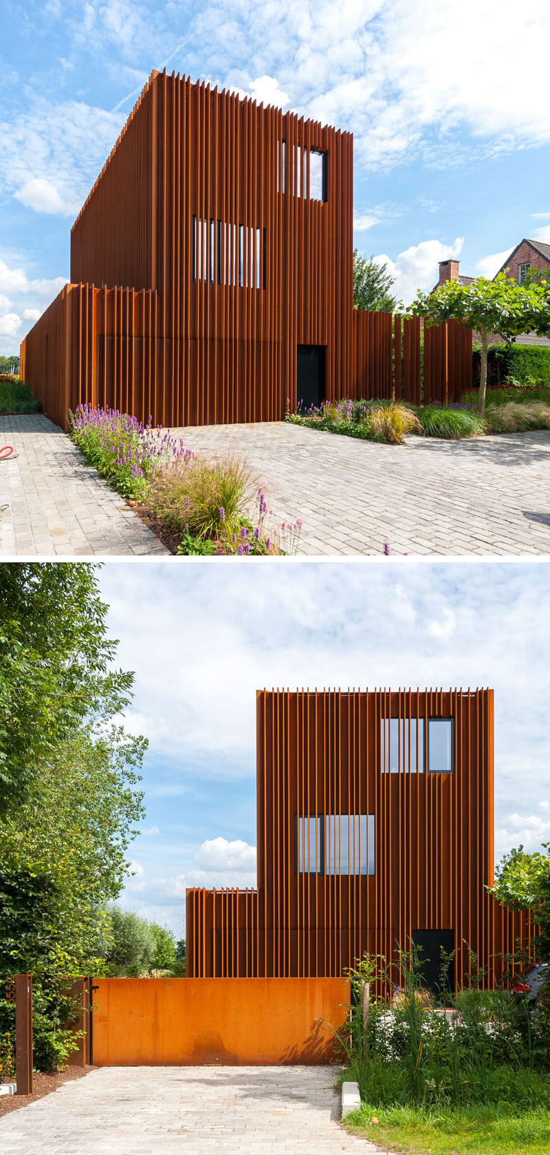 Strips of weathering steel placed on the exterior of this modern house provide privacy and add texture to a simple form.