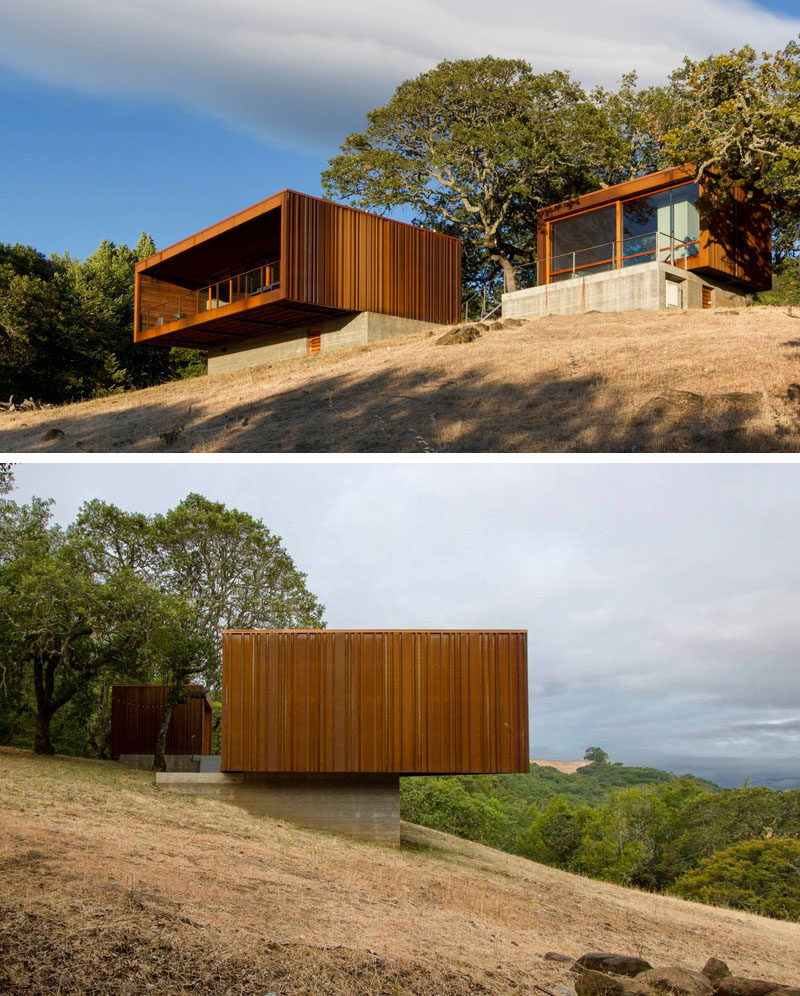 The weathering steel on the exterior of these two house structures that make up a single home that will continue to age and weather over time, gradually blending in more with the landscape.
