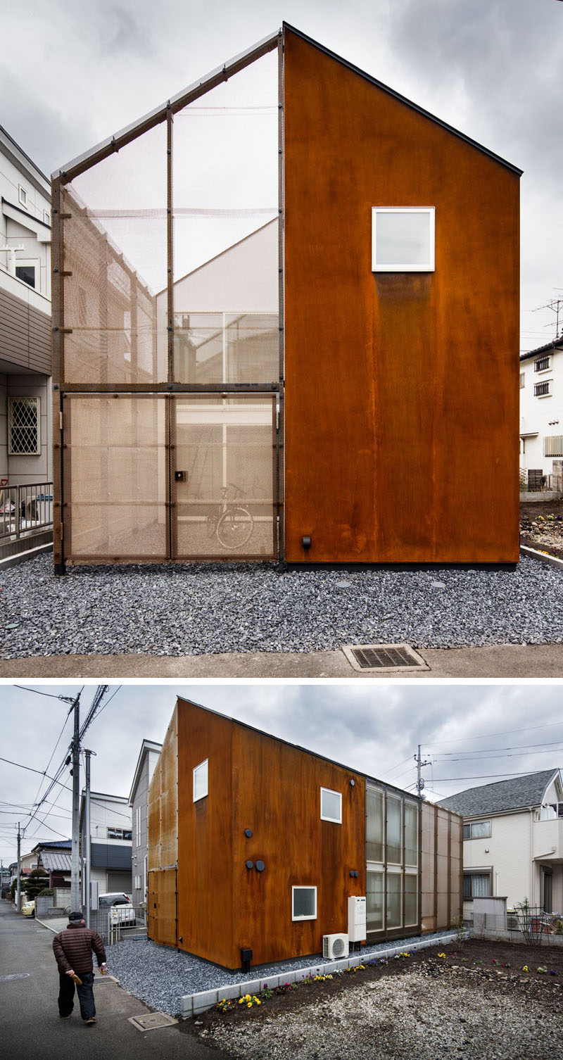 The use of weathering steel on parts of the exterior of this modern home gives the design a unique appearance that will continue to change over time as weather alters the materials and reacts with the metal.