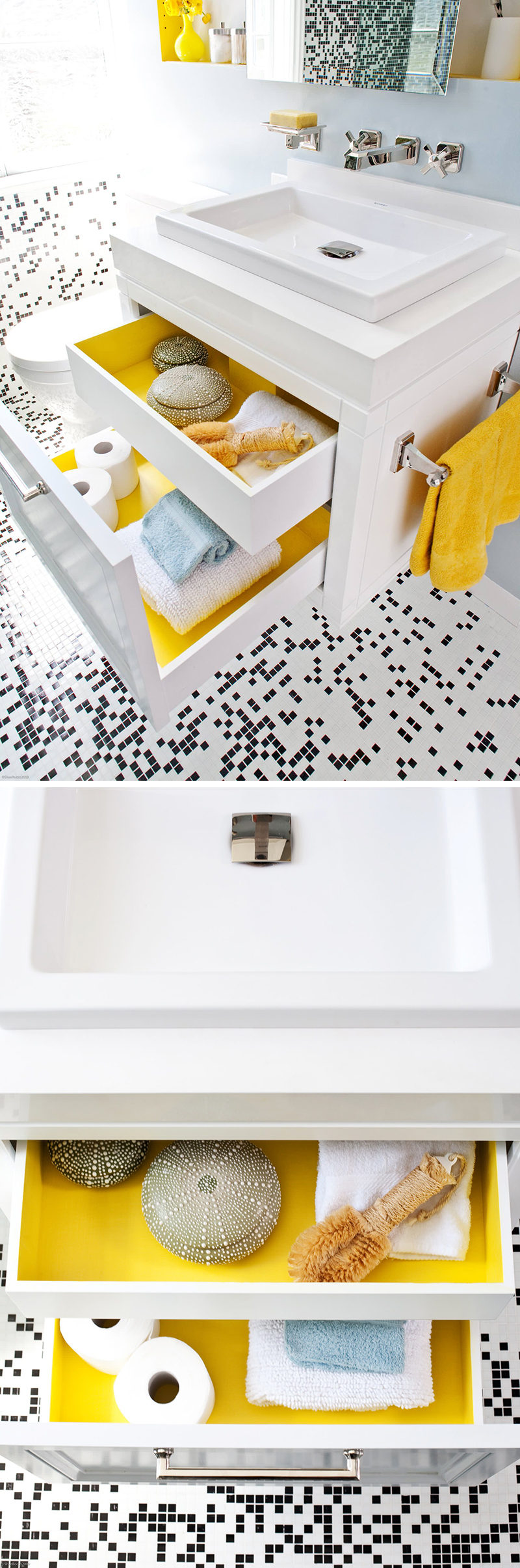 When the drawers in this modern bathroom are closed, the bathroom is primarily black and white with a couple of yellow accents creating an overall look of modern sophistication. But an unexpected pop of color can be seen when opening the drawers that have been painted yellow on the inside.