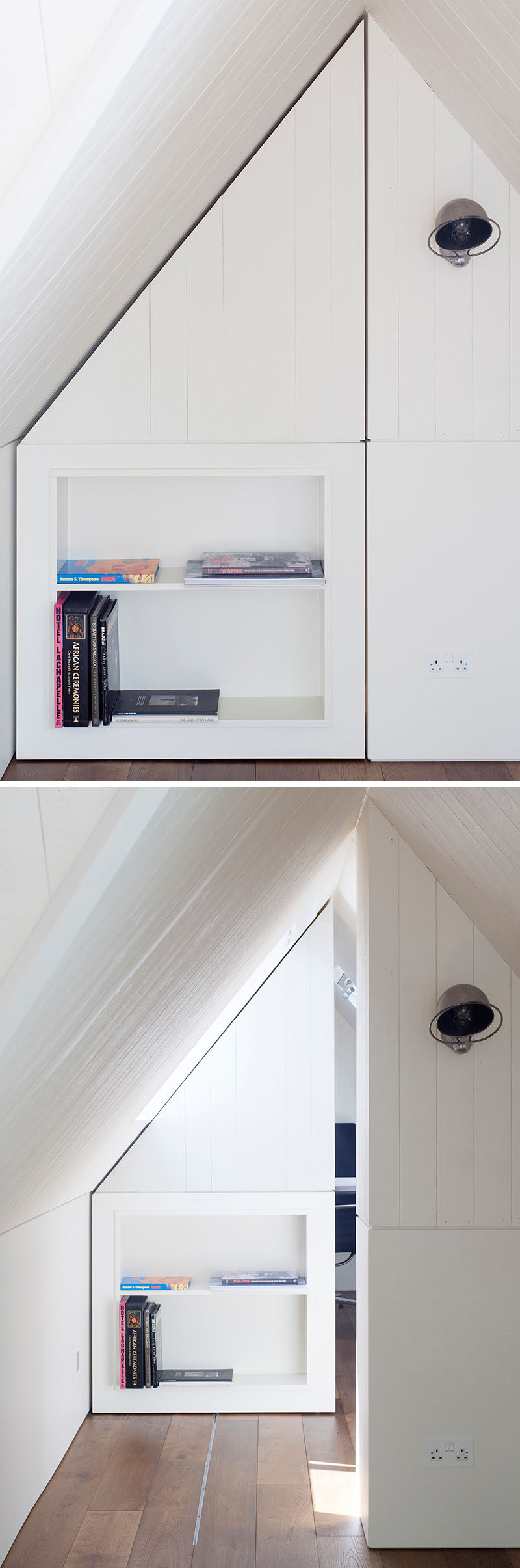 In this modern loft conversion, a wall of white paneling and shelving can be pushed back into a hidden room then slides closed again to make the space even more unique.