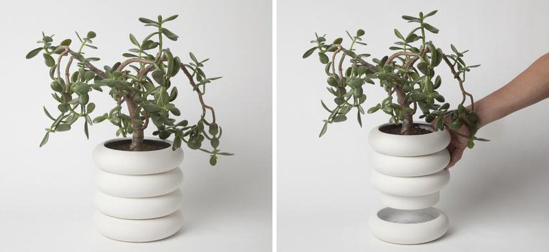 Chen Chen and Kai Williams have created a line of modern, white stacked porcelain planters that are inspired by the ceramic insulators that cover high-voltage power lines. The Power Planters have a pot and the drainage saucer that are both the same size, creating the look of stacked rings.