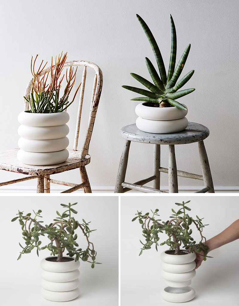 Chen Chen and Kai Williams have created a line of modern, white stacked porcelain planters that are inspired by the ceramic insulators that cover high-voltage power lines. The Power Planters have a pot and the drainage saucer that are both the same size, creating the look of stacked rings.