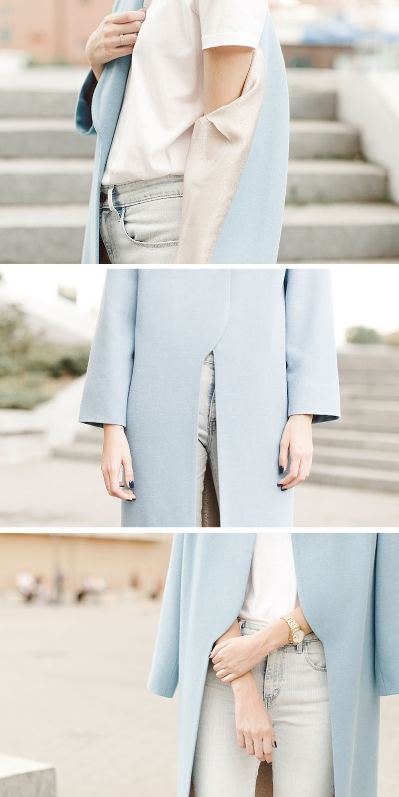 This light pastel blue minimalist womens spring coat, made from wool and a viscose lining, adds a soft touch of color to any outfit and keeps you warm on cooler days.