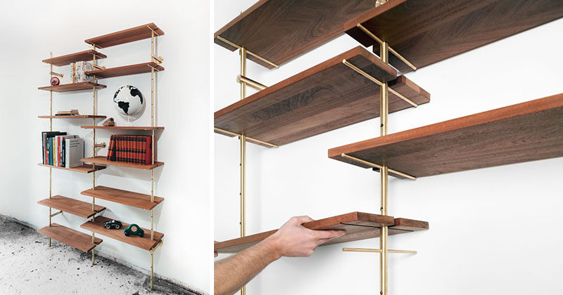 Using brass and Sapele wood, Toronto-based designer Ryan Taylor, has created Brass Rail Shelving, a fully customizable modern shelving system.