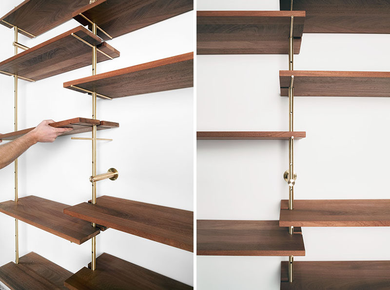 Using brass and Sapele wood, Toronto-based designer Ryan Taylor, has created Brass Rail Shelving, a fully customizable modern shelving system.