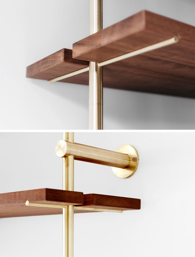 Using brass and Sapele wood, Toronto-based designer Ryan Taylor, has created Brass Rail Shelving, a fully customizable modern shelving system.