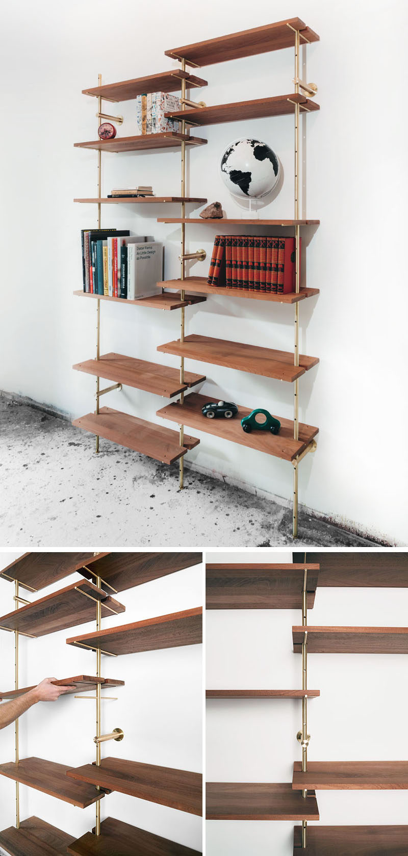 Using brass and Sapele wood, Toronto-based designer Ryan Taylor, has created Brass Rail Shelving, a fully customizable modern shelving system.