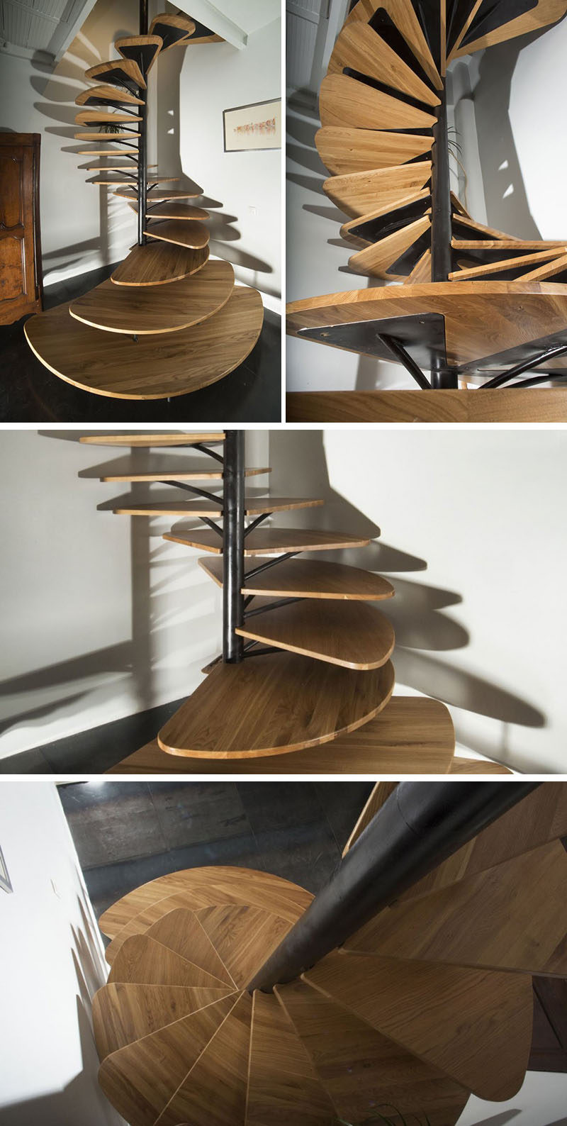 The steps of this wood and metal modern spiral staircase start out large and act like a small landing but get slightly smaller as you climb them. #SpiralStairs #SpiralStaircase #ModernSpiralStairs