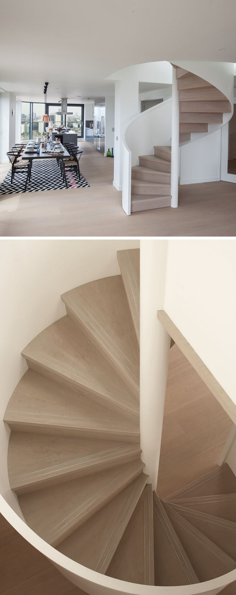 This light wood spiral staircase twirls up around a central shaft, while the white handrail helps the stairs blend in with the surrounding interior. #SpiralStairs #SpiralStaircase #ModernSpiralStairs