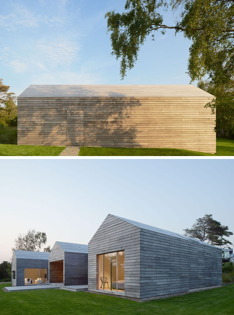 The design of this modern Swedish house, with its peaked roofs and horizontal wood plank siding, was inspired by the wood barns found in the surrounding area.