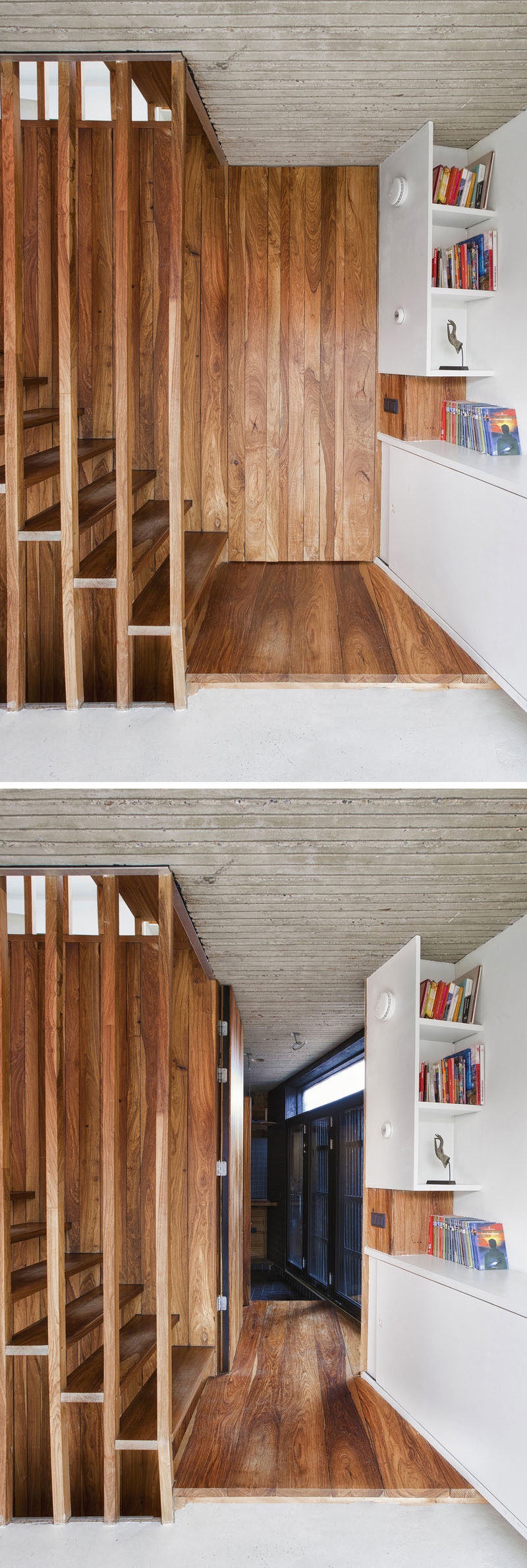 This secret door looks like it's just part of the wall next to the stairs, but it actually opens up to reveal a hidden room.