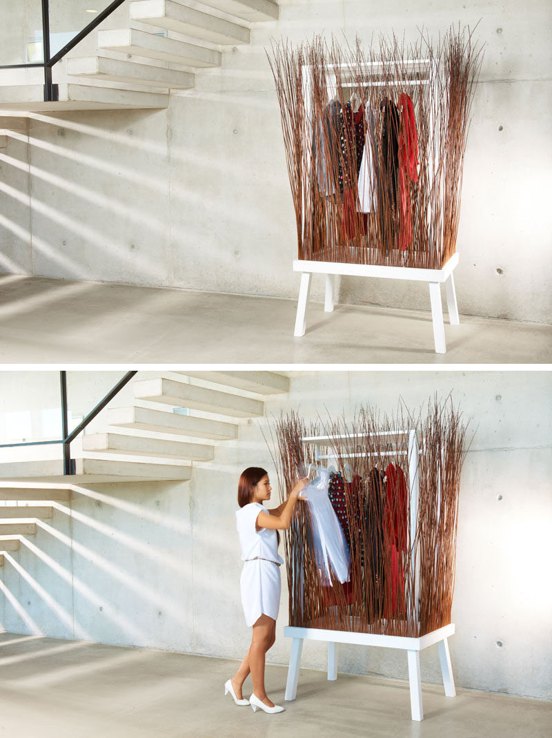 Paul Ketz has created a fun and unexpected design for a standalone closet (wardrobe), that uses willow branches to create the sides of the modern furniture piece.