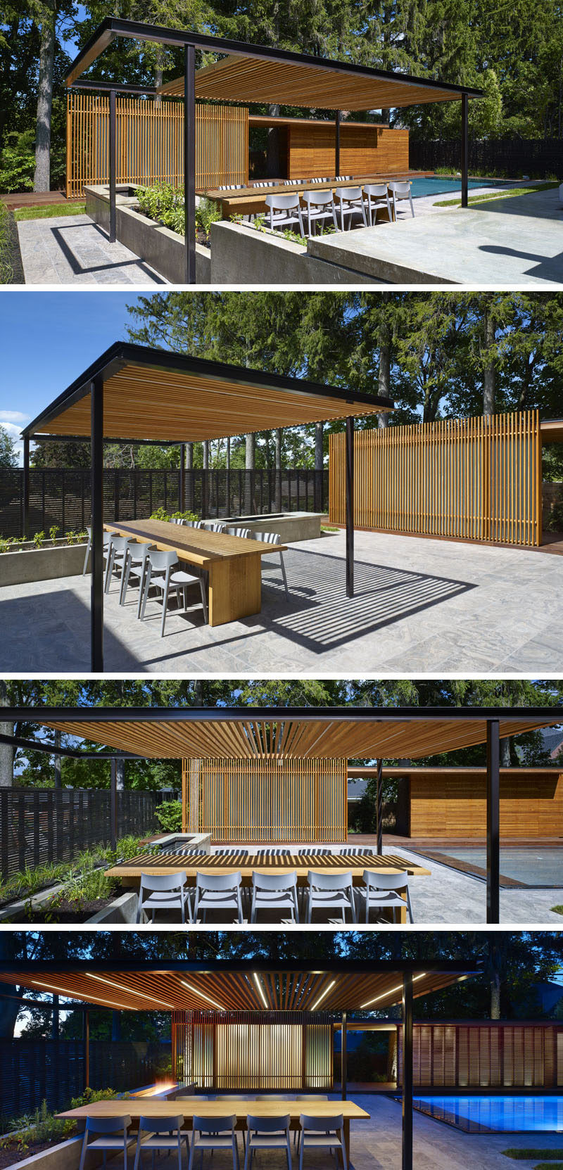 This modern landscaped backyard has a grassy lawn, a swimming pool, an outdoor kitchen with wood burning pizza oven, an outdoor dining space with trellis, a firepit, and a pool house with bathroom and change room.