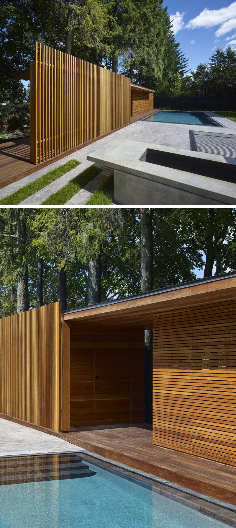 This modern pool house, which is mostly made from wood and sits at the end of the backyard, is the main focal point in the yard and hides the neighboring house. Slats of Douglas Fir screen the front of the pavilion and provide privacy for the interior spaces.