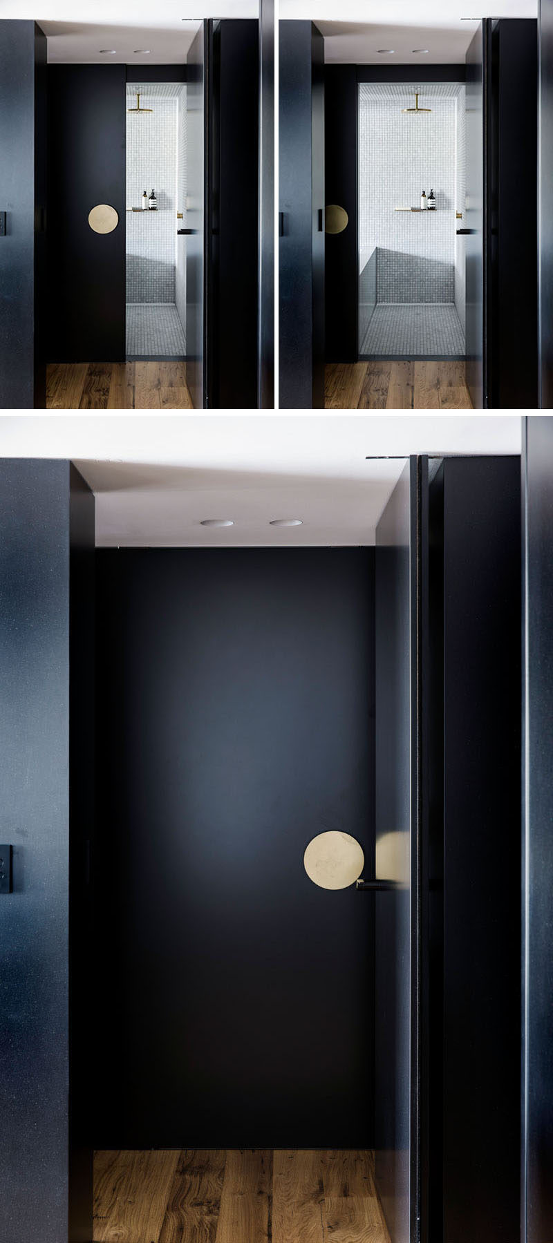 This modern bathroom has a large sliding black door with an over-sized door handle.
