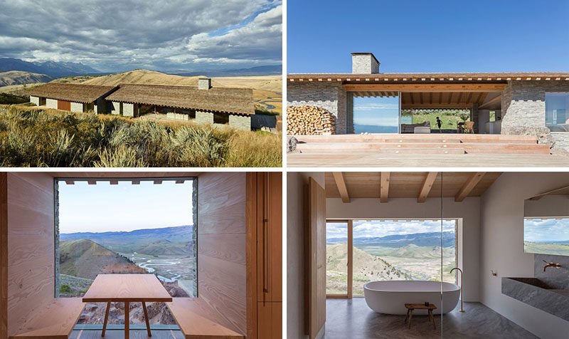 The design of this modern house uses materials like stone, wood, plaster and glass, and is inspired by both European chalets and American cabins.