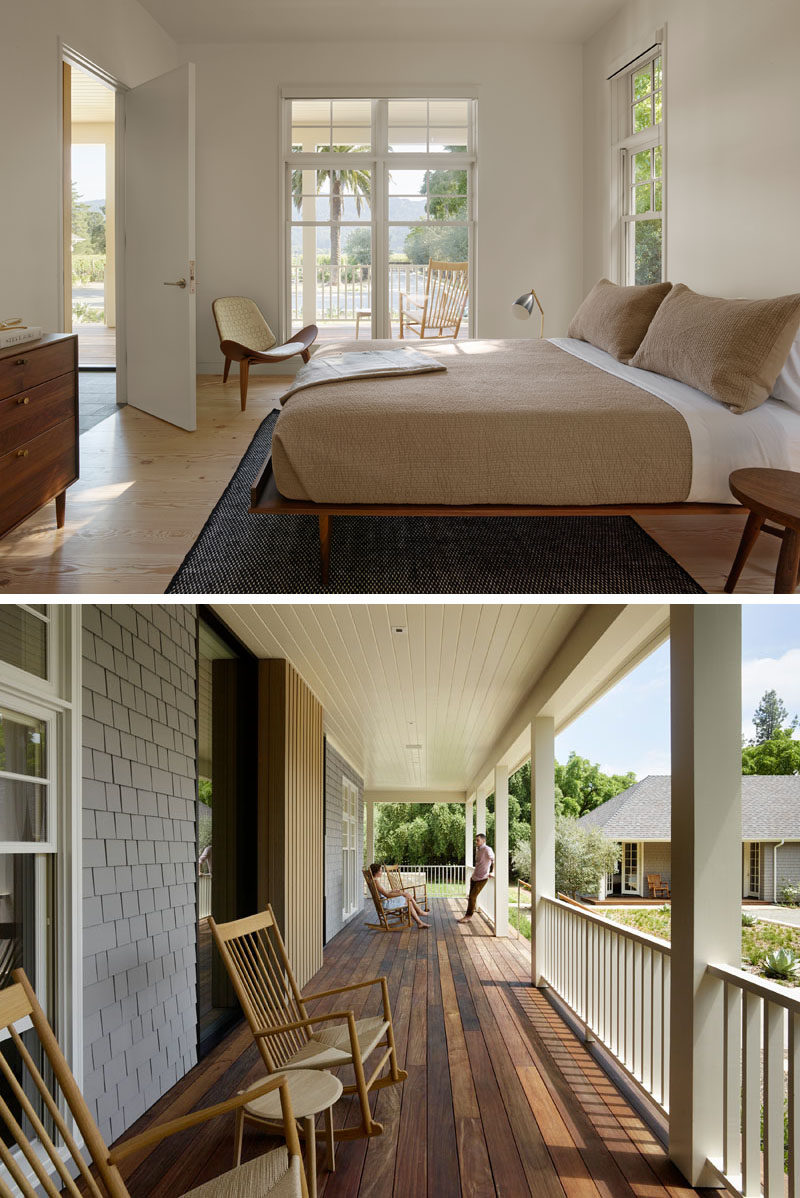 Simple white walls allow this updated bedroom to have views of the estate to become the focal point. Just outside the bedroom is the covered porch that's the perfect spot for a glass of wine.