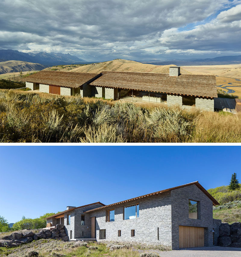 The design of this modern house uses materials like stone, wood, plaster and glass, and is inspired by both European chalets and American cabins.