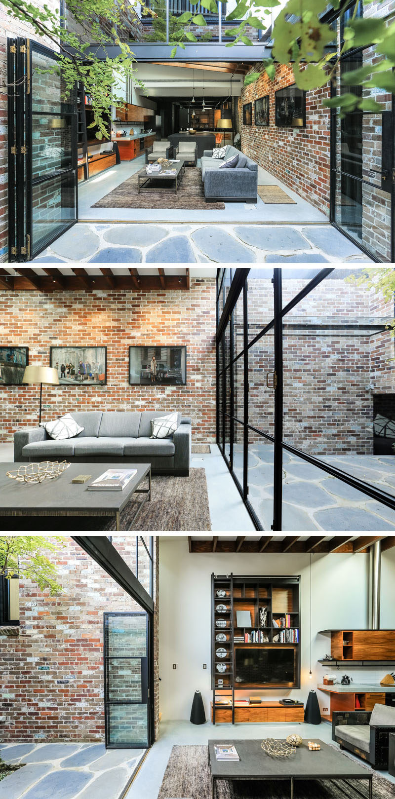 Sam Crawford Architects have transformed what was once a commercial garage sandwiched between terrace houses, into a bright and modern home that's long and narrow, and features a material palette of black steel, recycled brick, concrete and timber.