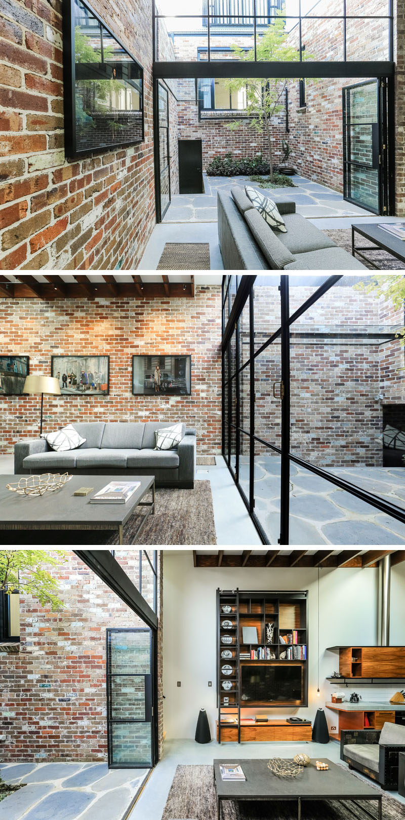 This industrial modern home in a converted commercial garage features a material palette of black steel, recycled brick, concrete and timber, while there's an abundance of natural light from the interior courtyard that fills the living, dining and kitchen area.