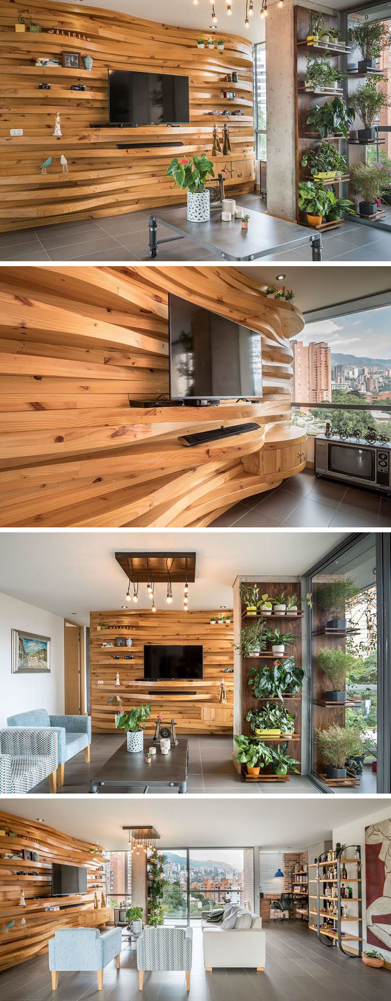 A Wavy Wood Accent Wall Creates Multiple Shelves In This Apartment