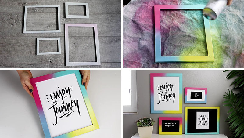 Create your own easy DIY colorful gallery wall by spray painting simple white frames with bright colorful gradients, and pair them with simple black and white artwork to keep it all looking contemporary.