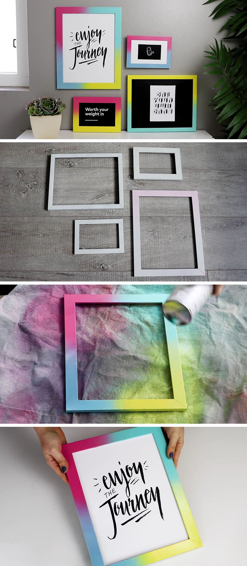 Create your own easy DIY colorful gallery wall by spray painting simple white frames with bright colorful gradients, and pair them with simple black and white artwork to keep it all looking contemporary.