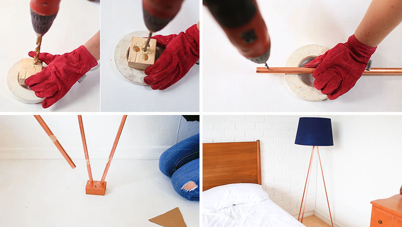 Add a modern touch to your home decor with this DIY Copper Tripod Lamp, that uses copper pipes, a lamp kit, a small block of wood, and a drill.