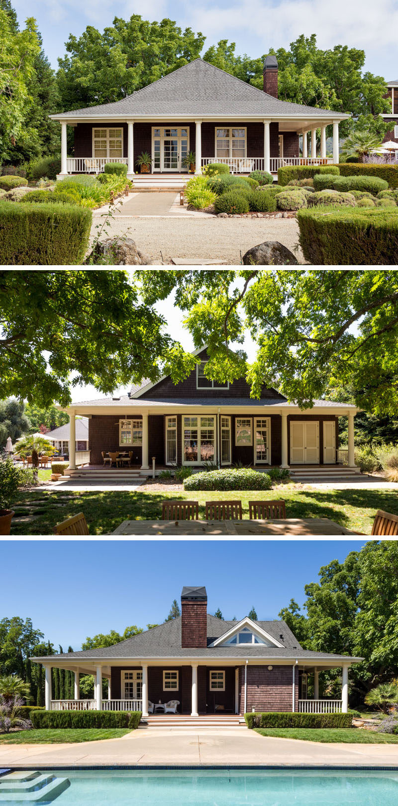 This dated and dark farmhouse in Calistoga, California, was turned it into a bright and airy modern house with a luxurious master suite. These are the before photos.
