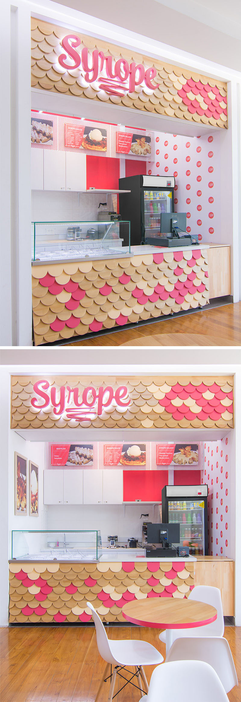 This retail storefront features a bright and colorful design, with a textural scalloped patterned facade made from wood, with some of the pieces painted pink to match the logo, while the remainder of the storefront is white with just a few touches of pink.