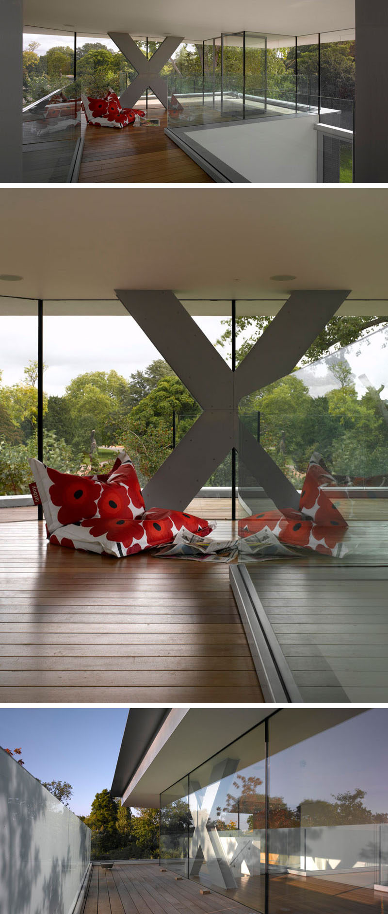 This modern house has a floating roof that's supported on x- shaped columns.