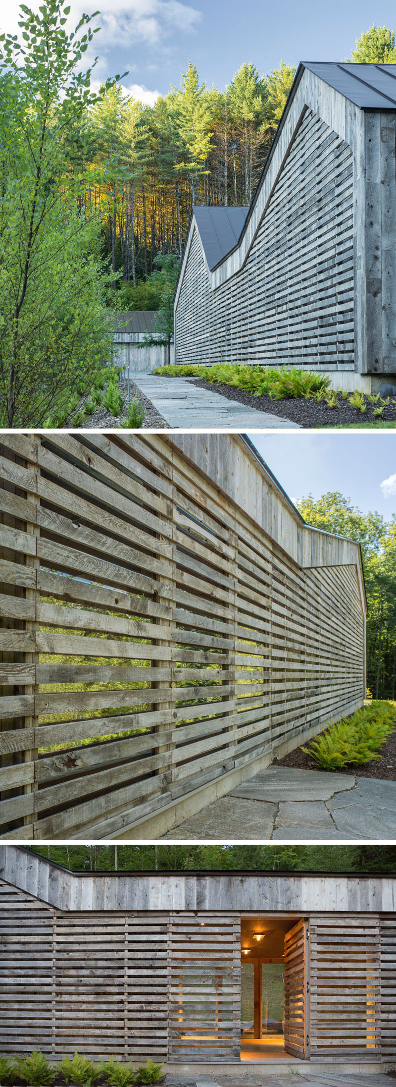 This modern house is clad in a siding composed of re-purposed snow fencing, so that it already has the natural beauty of the weathered boards. The front entrance is hidden away within the siding, making it almost invisible when walking past, with only a small stone path telling you where it is.