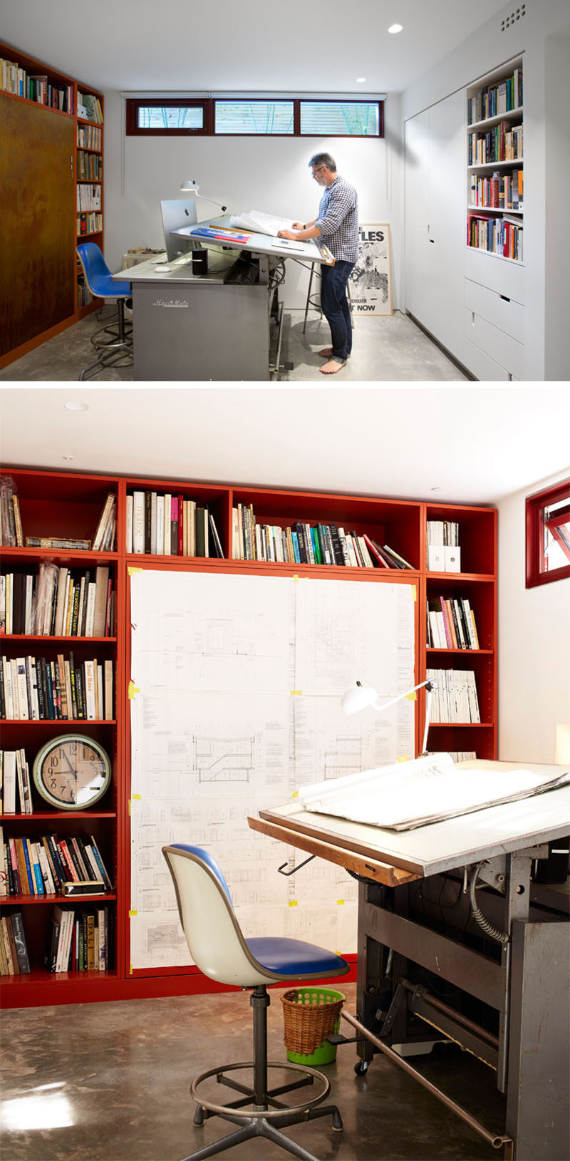 This home office has a wall of cabinets, and a small row of windows allows natural light to enter the room without the view through the windows creating a distraction.