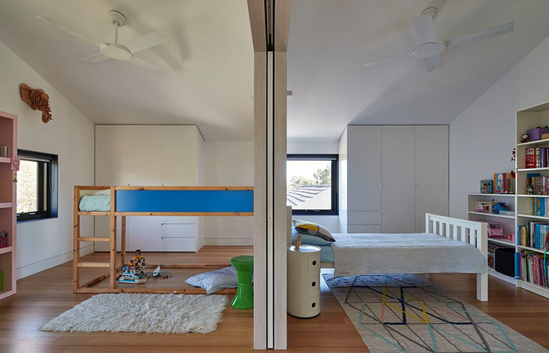 These kid's bedrooms can be opened up to each other, the hallways, the study and the living area, making it easy to change the function of these rooms as the children grow.