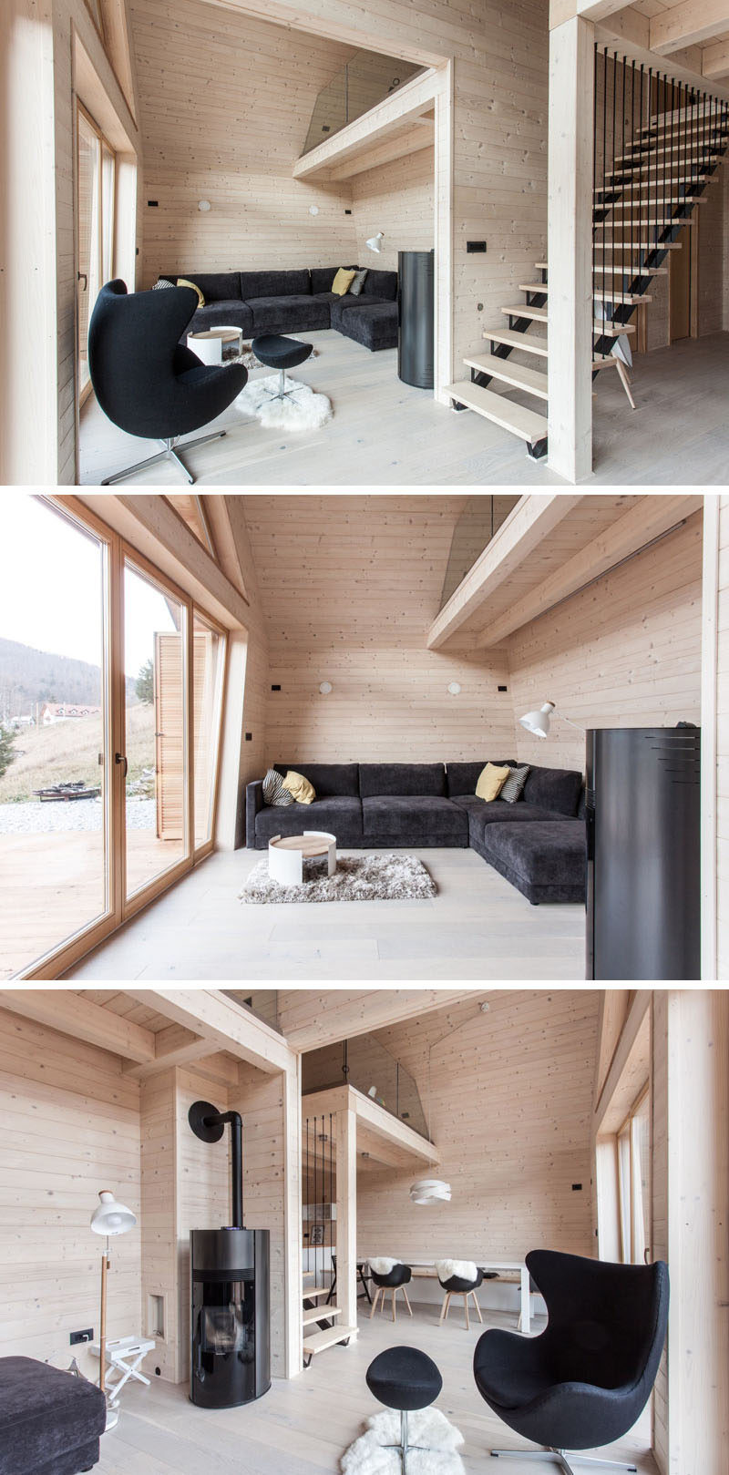 Inside this modern house, black furniture and design elements contrast the light wood interior, like in the living room and the stairs. Glass doors open the living room to the deck outside.