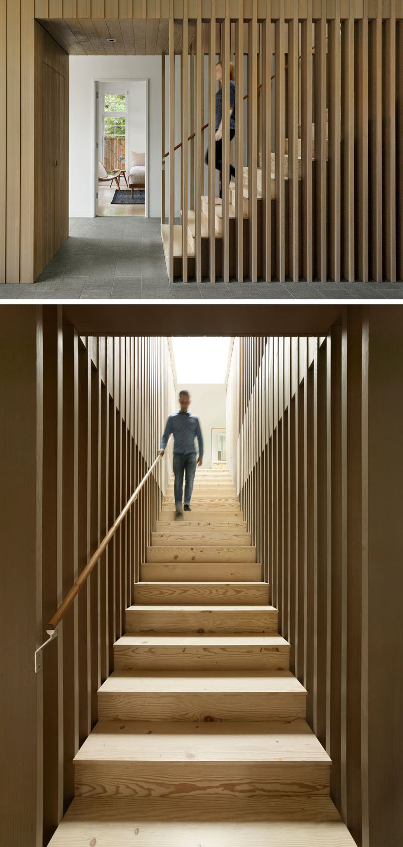 These modern stairs are surrounded by wood slats that don't block the light. There's also a skylight to keep the stairwell bright.