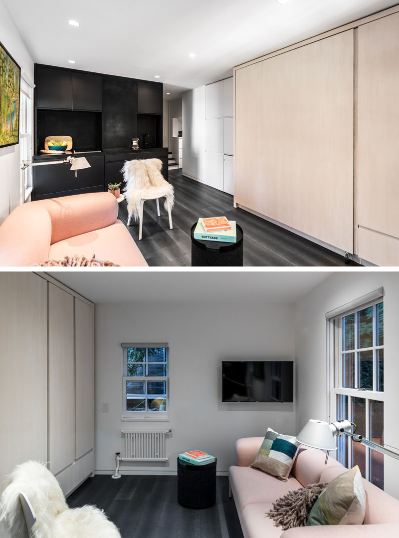 Architecture firm MCKA have recently completed the design of this micro 225 sq ft (20 sqm) apartment in New York, that features a wall full of multi-functional cabinetry.